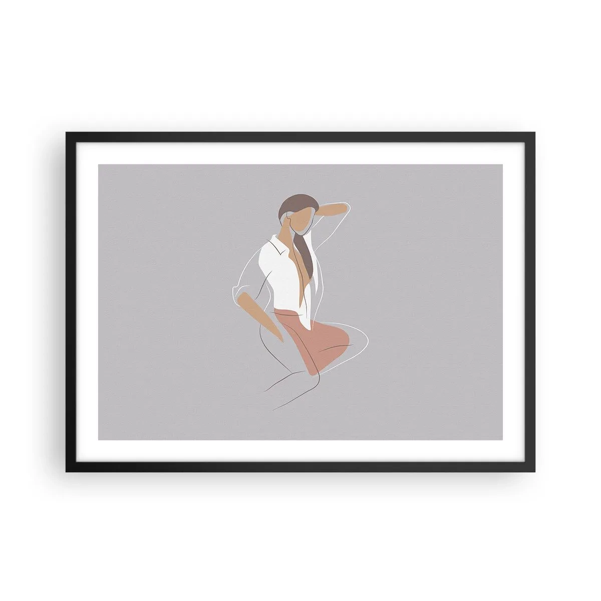 Plakat w czarnej ramie - Minimalistyczny portret kobiety w pastelowych barwach - 70x50cm - Zarys wdzięku - Nowoczesna dekoracja ścienna do salonu i sypialni ARTTOR