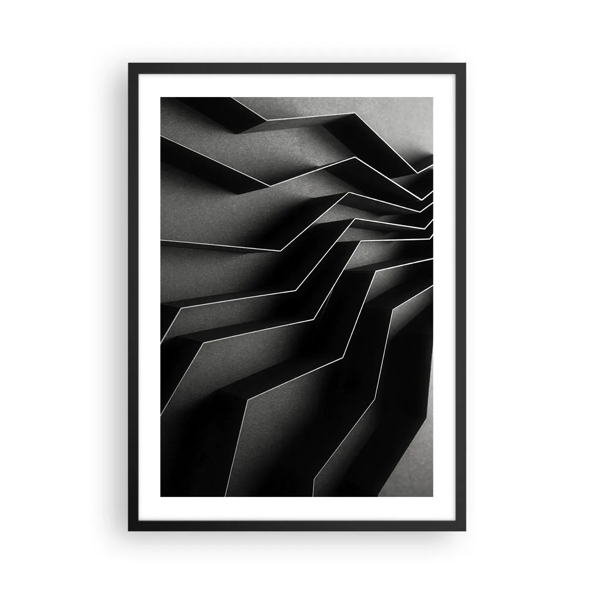 Plakat w czarnej ramie - Czarno-biała kompozycja geometrycznych, przestrzennych struktur - 50x70cm - Przestrzenny porządek - Nowoczesna dekoracja ścienna do salonu i sypialni ARTTOR