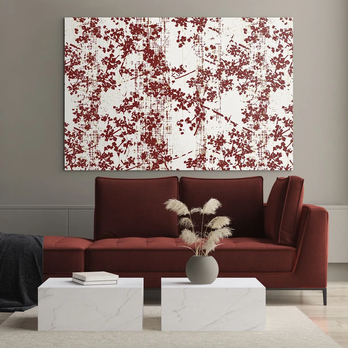 Obraz na szkle - Kwiatowy wzór w czerwieni na jasnym, przecieranym tle - 70x50cm - Jak dawny perkalik - Nowoczesna dekoracja ścienna do salonu i sypialni ARTTOR