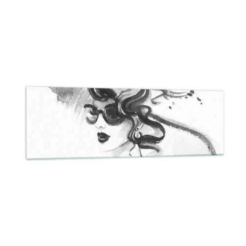Obraz na szkle - Elegancka kobieta w kapeluszu w czarno-białym stylu - 160x50cm - Dama z charakterem - Nowoczesna dekoracja ścienna do salonu i sypialni ARTTOR
