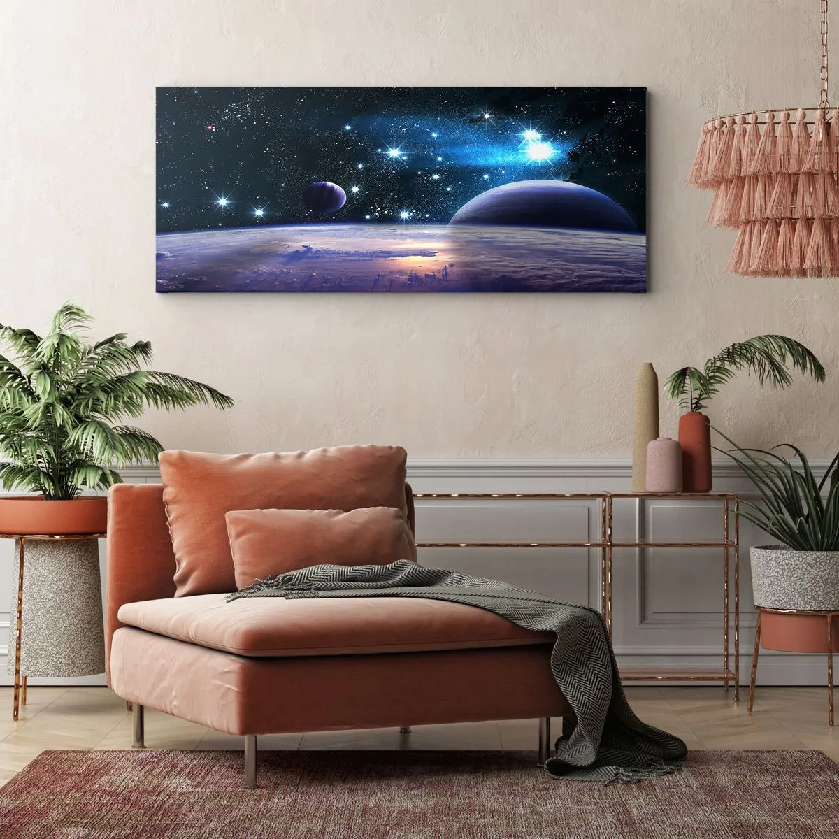 Obraz na płótnie - Widok na przestrzeń kosmiczną z planetami i gwiazdami - 140x50cm - Wciąż sami? - Nowoczesna dekoracja ścienna do salonu i sypialni ARTTOR