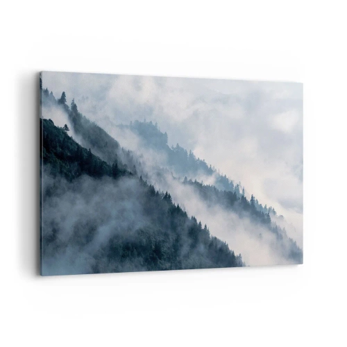 Obraz na płótnie - Mgła unosząca się nad zalesionymi zboczami gór w tajemniczym krajobrazie - 120x80cm - Mistyka gór - Nowoczesna dekoracja ścienna do salonu, kuchni i sypialni ARTTOR