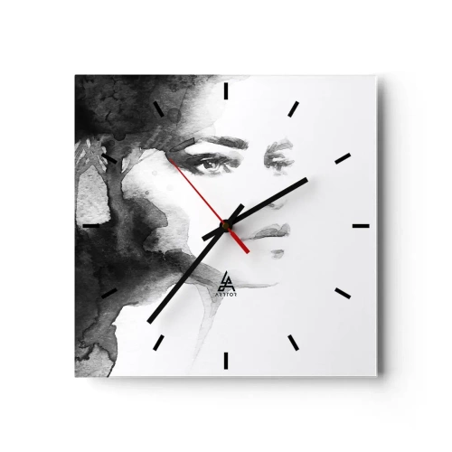 Zegar ścienny - Subtelny portret kobiety w odcieniach czerni i bieli - 30x30cm - Stworzona z tajemnicy i mgły - Nowoczesna dekoracja ścienna do salonu i sypialni ARTTOR