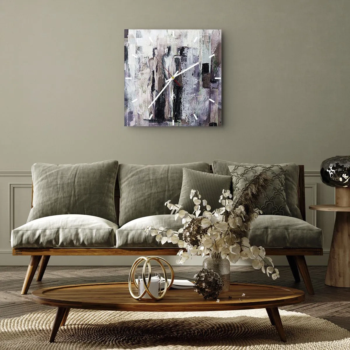 Zegar ścienny - Abstrakcyjna kompozycja z trzema postaciami w pastelowych barwach - 30x30cm - Tajemnicza trójka - Nowoczesna dekoracja ścienna do salonu i sypialni ARTTOR