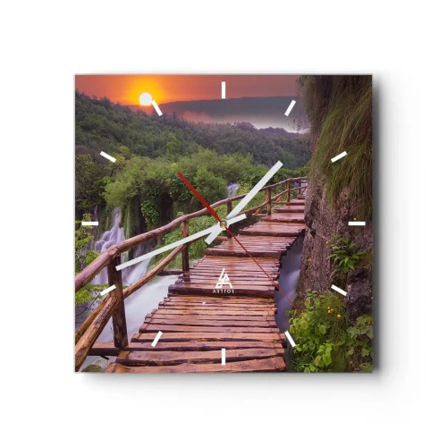 Zegar ścienny - Mostek z widokiem na wodospady o zachodzie słońca - 30x30cm - Piękno nie do uwierzenia - Nowoczesna dekoracja ścienna do salonu i sypialni ARTTOR