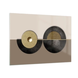 Obraz na szkle - Geometryczne koła w złocie i czerni na beżowym tle - 70x50cm - Wariacje wokół koła - Nowoczesna dekoracja ścienna do salonu i sypialni ARTTOR