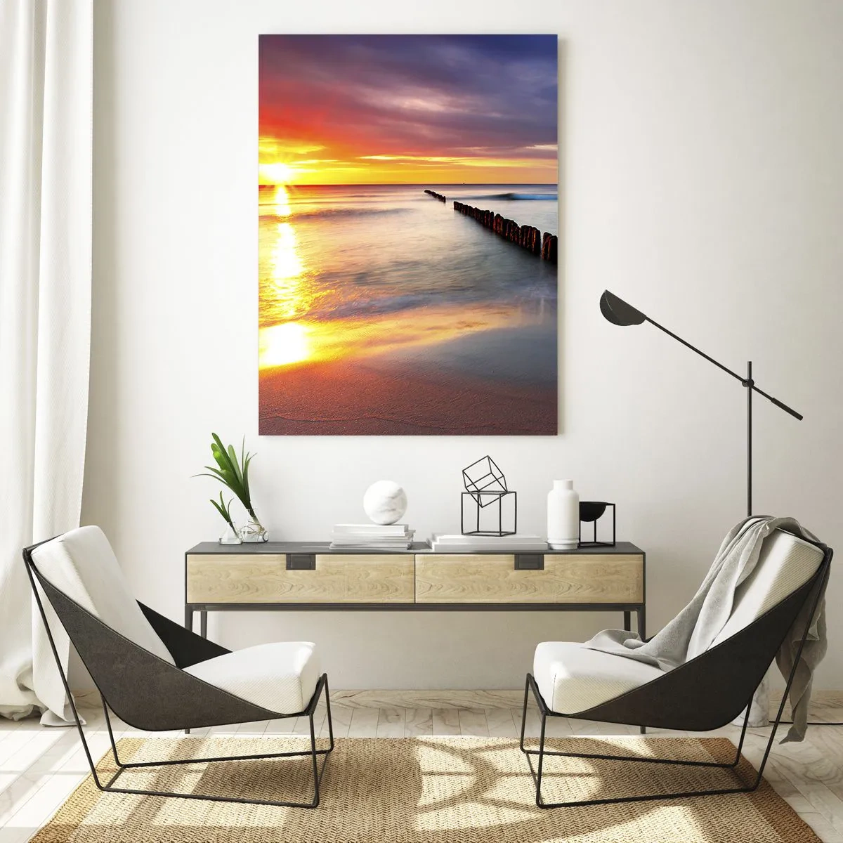 Obraz na szkle - Zachód słońca nad morzem z drewnianymi falochronami - 50x70cm - Posłuchaj ciszy - Nowoczesna dekoracja ścienna do salonu, kuchni i sypialni ARTTOR