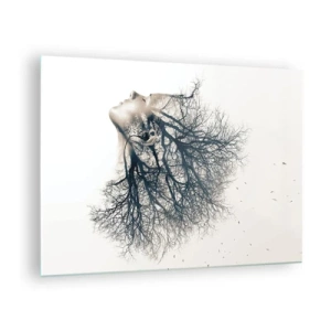 Obraz na szkle - Sylwetka kobiety z gałęziami jako włosy - 70x50cm - Zasłuchana w szept drzewa - Nowoczesna dekoracja ścienna do salonu i sypialni ARTTOR
