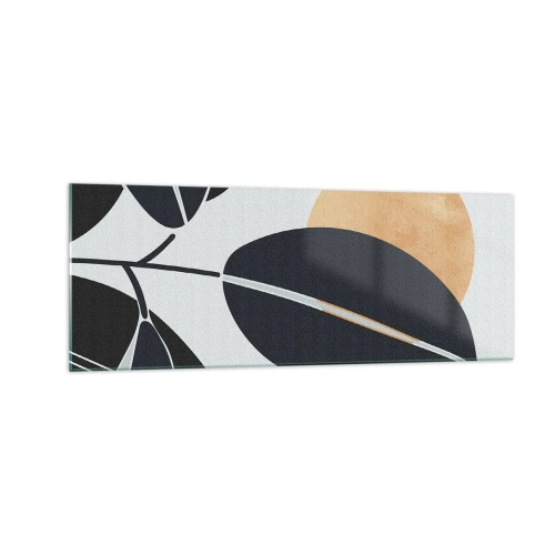 Obraz na szkle - Minimalistyczny motyw liści z jasnym słońcem w tle - 140x50cm - Dzień gorącego lata - Nowoczesna dekoracja ścienna do salonu i sypialni ARTTOR