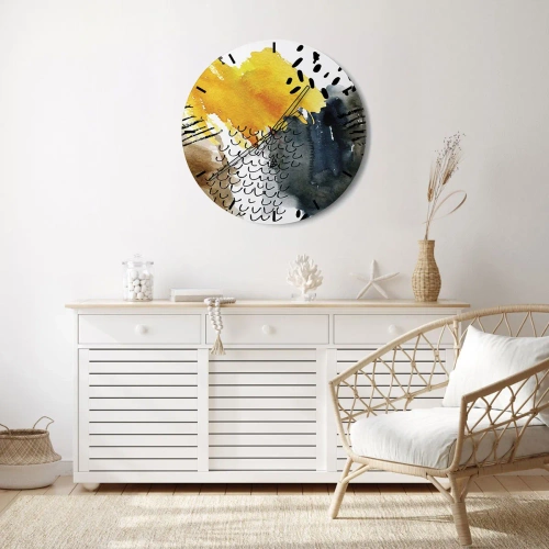 Zegar ścienny - Abstrakcyjny wzór w żółci, granacie i czerni - 30x30cm - Spotkanie żywiołów - Nowoczesna dekoracja ścienna do salonu, kuchni i sypialni ARTTOR