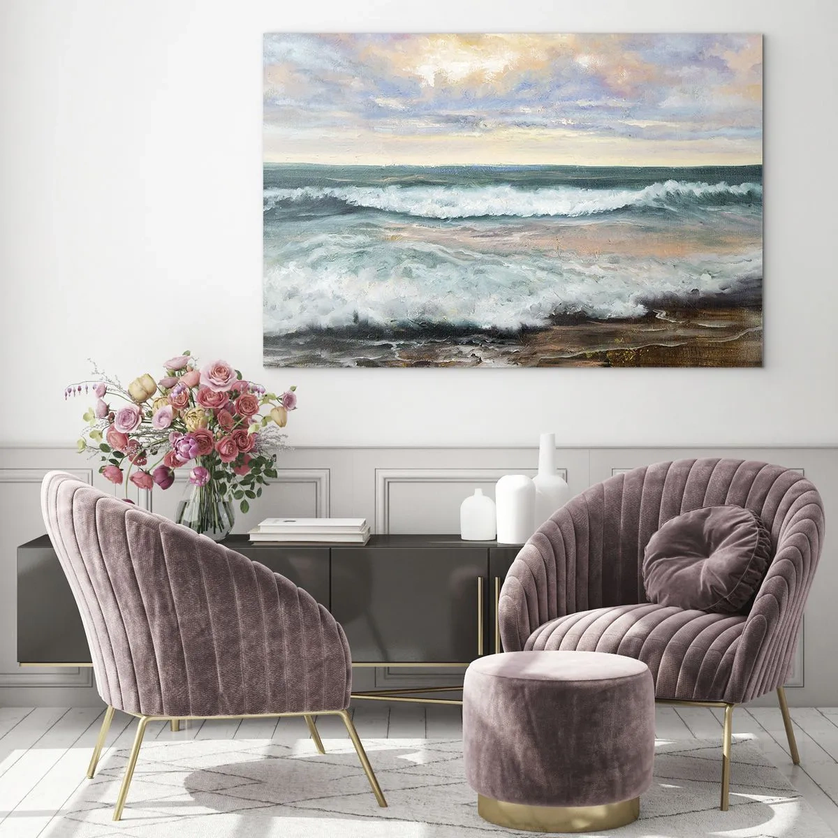 Obraz na szkle - Obraz malarski przedstawiający fale uderzające o brzeg - 70x50cm - Tutaj wygładzisz duszę - Nowoczesna dekoracja ścienna do salonu i sypialni ARTTOR