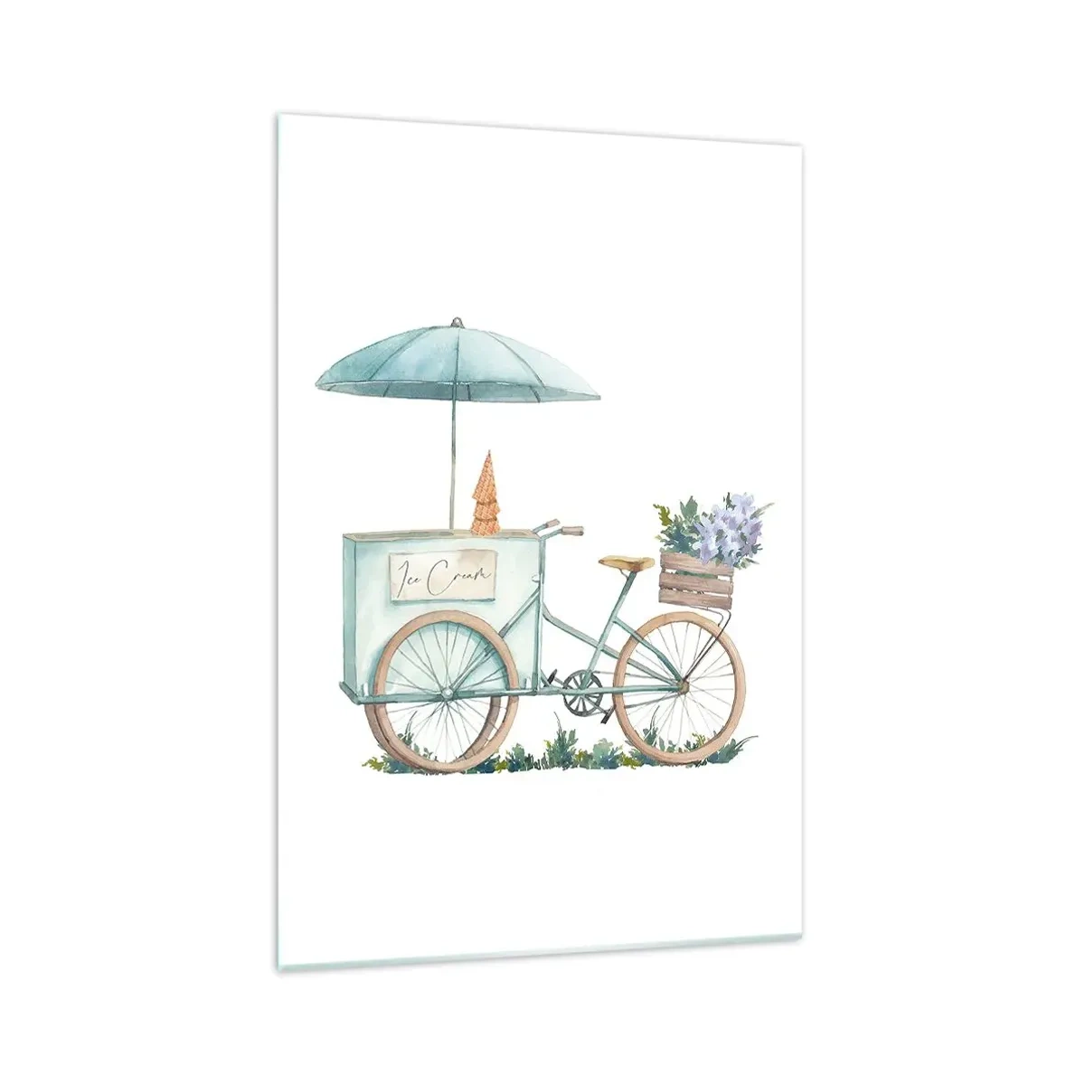 Obraz na szkle - Rower z lodami i kwiatami pod parasolem w delikatnej pastelowej kolorystyce - 70x100cm - Słodkie wspomnienie lata - Nowoczesna dekoracja ścienna do salonu i sypialni ARTTOR