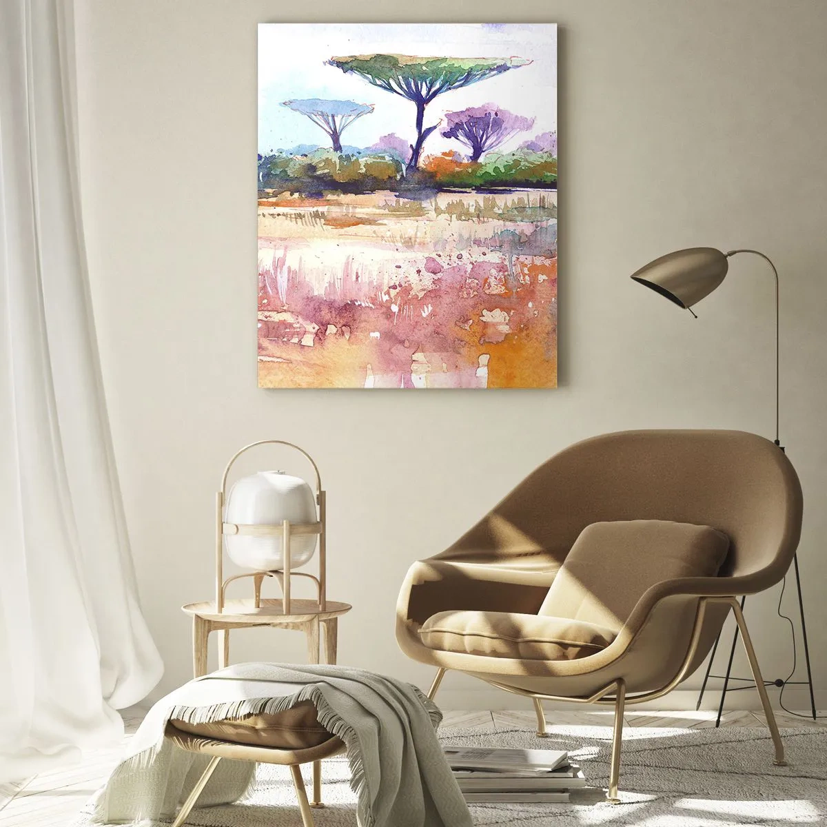 Obraz na szkle - Akwarelowy krajobraz sawanny z drzewami i roślinnością - 50x70cm - Kolory sawanny - Nowoczesna dekoracja ścienna do salonu, kuchni i sypialni ARTTOR