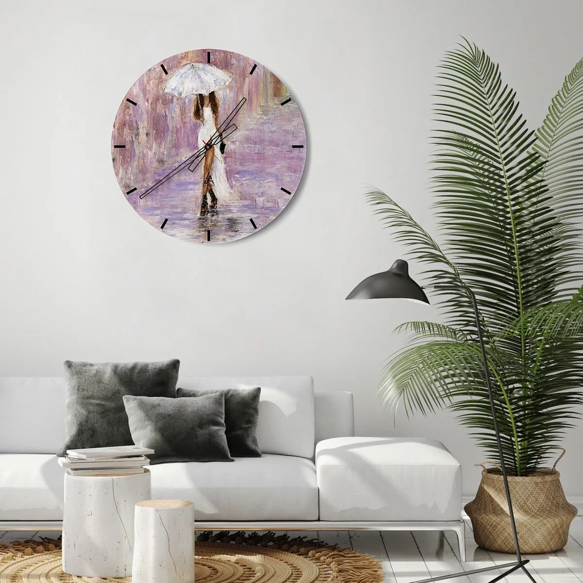 Zegar ścienny - Postać kobiety z parasolem w deszczu, na liliowym tle - 30x30cm - W liliowym deszczu - Nowoczesna dekoracja ścienna do salonu, kuchni i sypialni ARTTOR