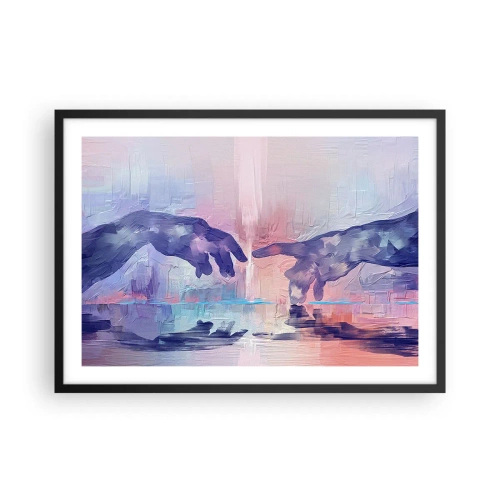 Plakat w czarnej ramie - Symboliczne dłonie w abstrakcyjnych barwach, odwołujące się do motywu stworzenia - 70x50cm - Boska iskra życia - Nowoczesna dekoracja ścienna do salonu i sypialni ARTTOR
