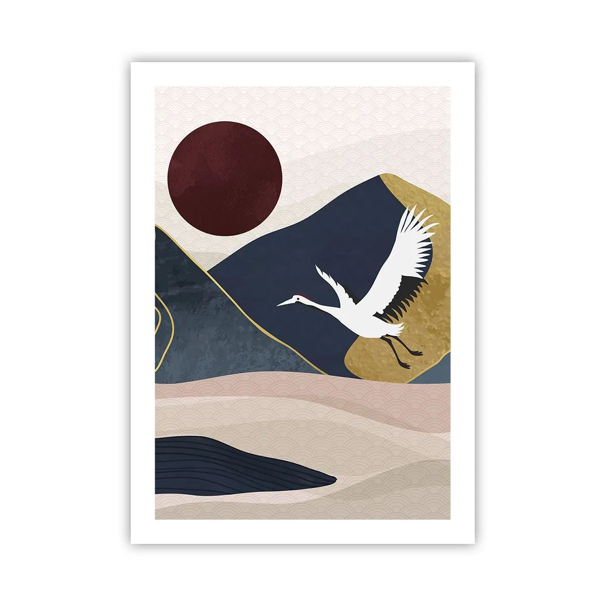 Plakat - Minimalistyczna grafika z żurawiem i górskim krajobrazem - 50x70cm - I znowu ZLECIAŁ dzień - Nowoczesna dekoracja ścienna do salonu, kuchni i sypialni ARTTOR
