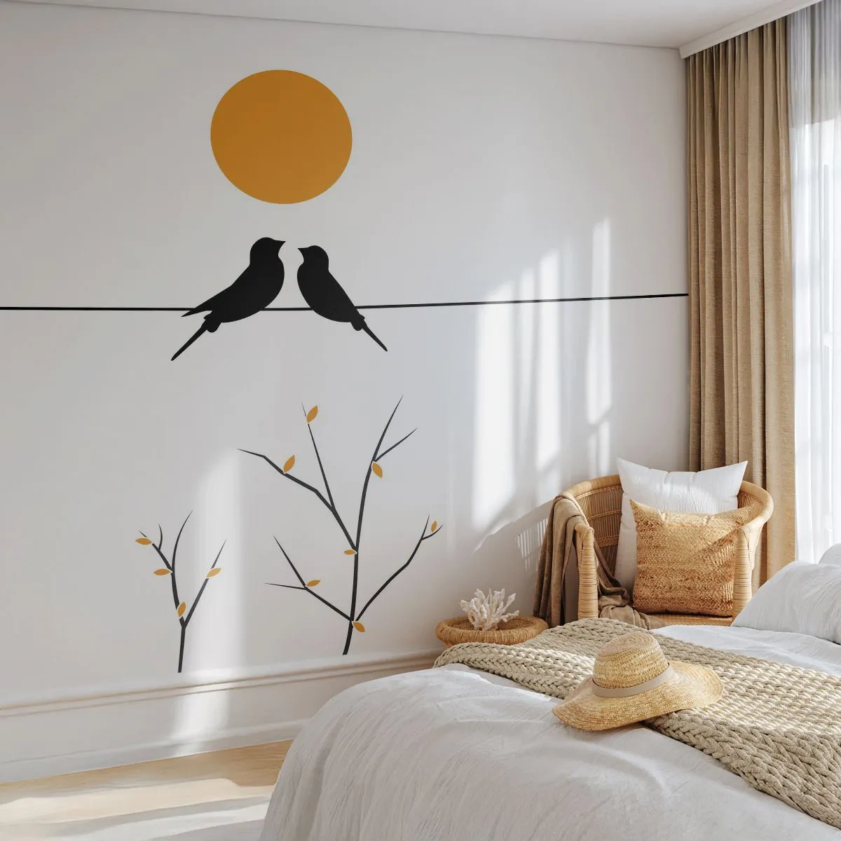 Fototapeta Premium Sand - Dwa ptaki na linii pod słońcem w minimalistycznym stylu - 100x70cm - Słowiczy wieczór - Nowoczesna dekoracja ścienna do salonu, kuchni i sypialni ARTTOR