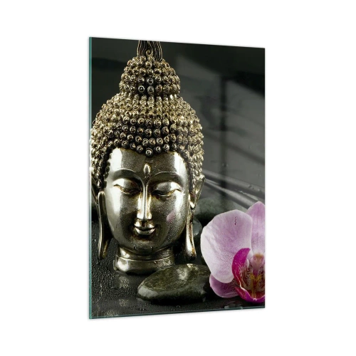 Obraz na szkle - Buddyjska głowa z różowym kwiatem na tle kamieni - 50x70cm - Harmonia mądrości i piękna - Nowoczesna dekoracja ścienna do salonu, kuchni i sypialni ARTTOR
