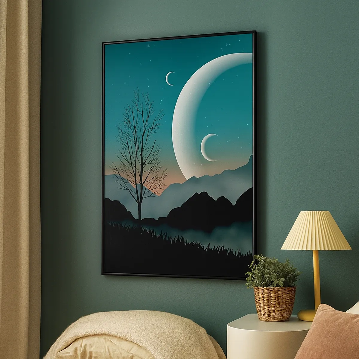 Obraz na płótnie - Fantastyczny krajobraz nocny z drzewem, górami i dużym księżycem na tle gwieździstego nieba - 50x70cm - Karnawał gwiaździstej nocy - Nowoczesna dekoracja ścienna do salonu, kuchni i sypialni ARTTOR