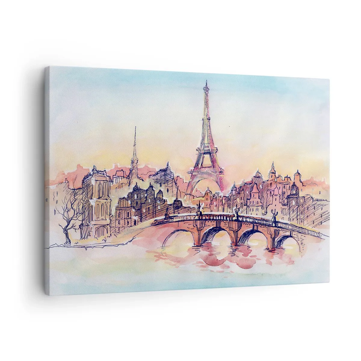 Obraz na płótnie - Akwarelowa panorama Paryża z wieżą Eiffla o zachodzie - 70x50cm - Jedyne takie miasto w świecie - Nowoczesna dekoracja ścienna do salonu i sypialni ARTTOR