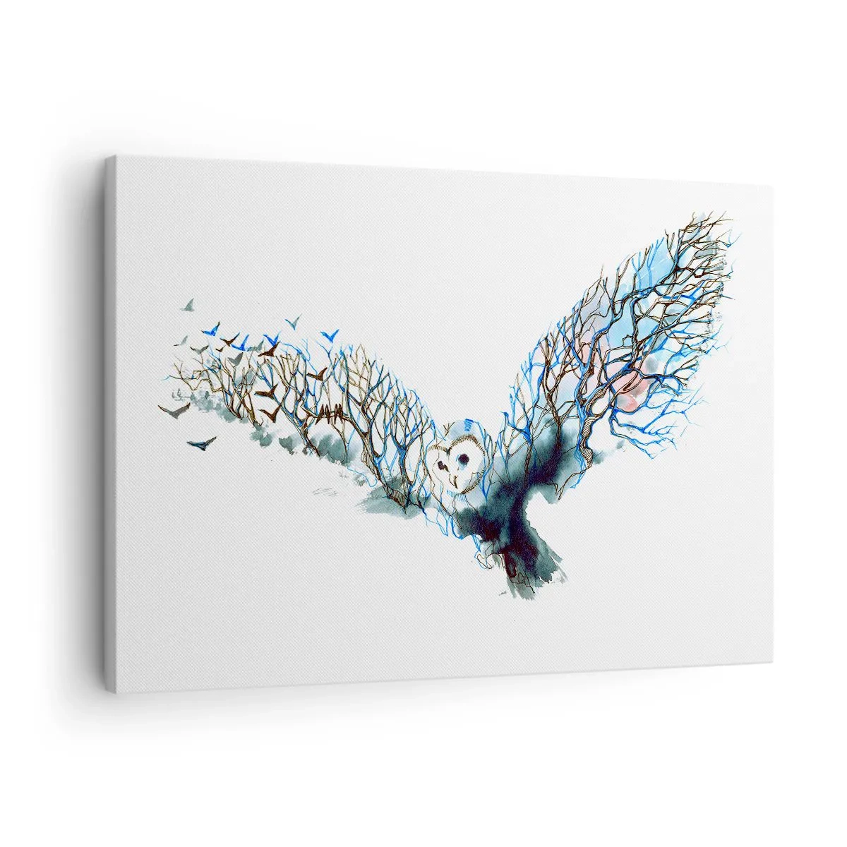 Obraz na płótnie - Artystyczna grafika sowy z rozpostartymi skrzydłami - 70x50cm - Na skrzydłach lasu - Nowoczesna dekoracja ścienna do salonu i sypialni ARTTOR