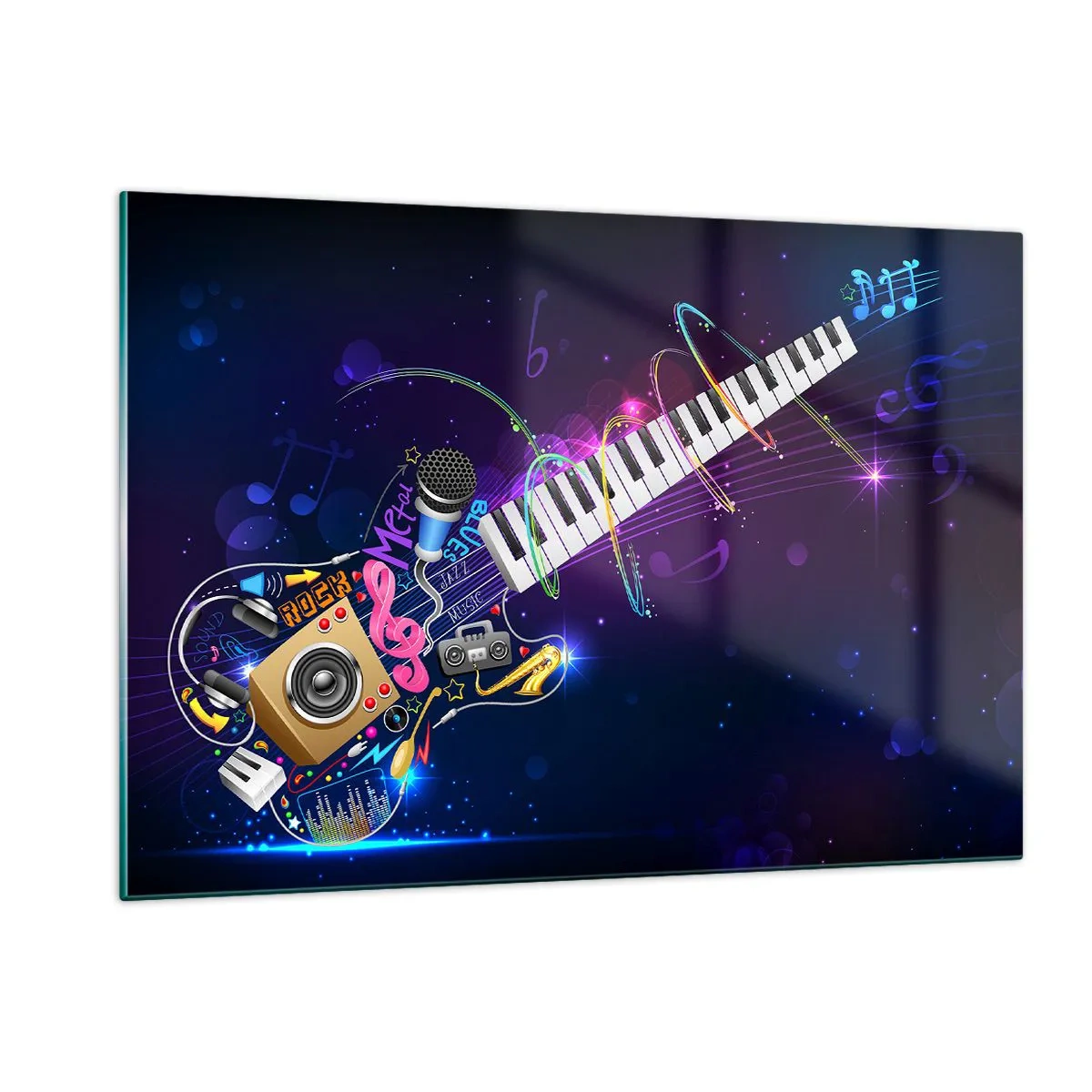 Obraz na szkle - Kolorowa kompozycja muzyczna z instrumentami i nutami - 120x80cm - I wszystko gra - Nowoczesna dekoracja ścienna do salonu, kuchni i sypialni ARTTOR