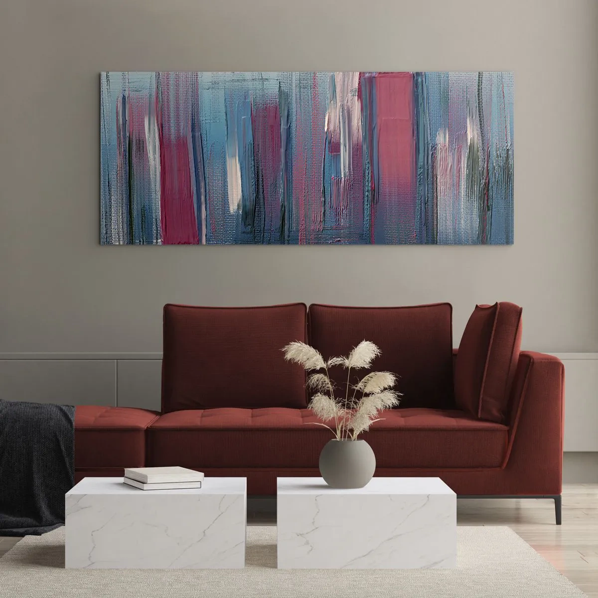 Obraz na szkle - Kompozycja wertykalna w błękicie i czerwieni - 100x40 cm