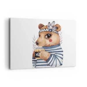 Obraz na płótnie - Miś w pasiastym sweterku z kubkiem miodu - 100x70cm - Słodka Misia - Nowoczesna dekoracja ścienna do salonu, kuchni i sypialni ARTTOR