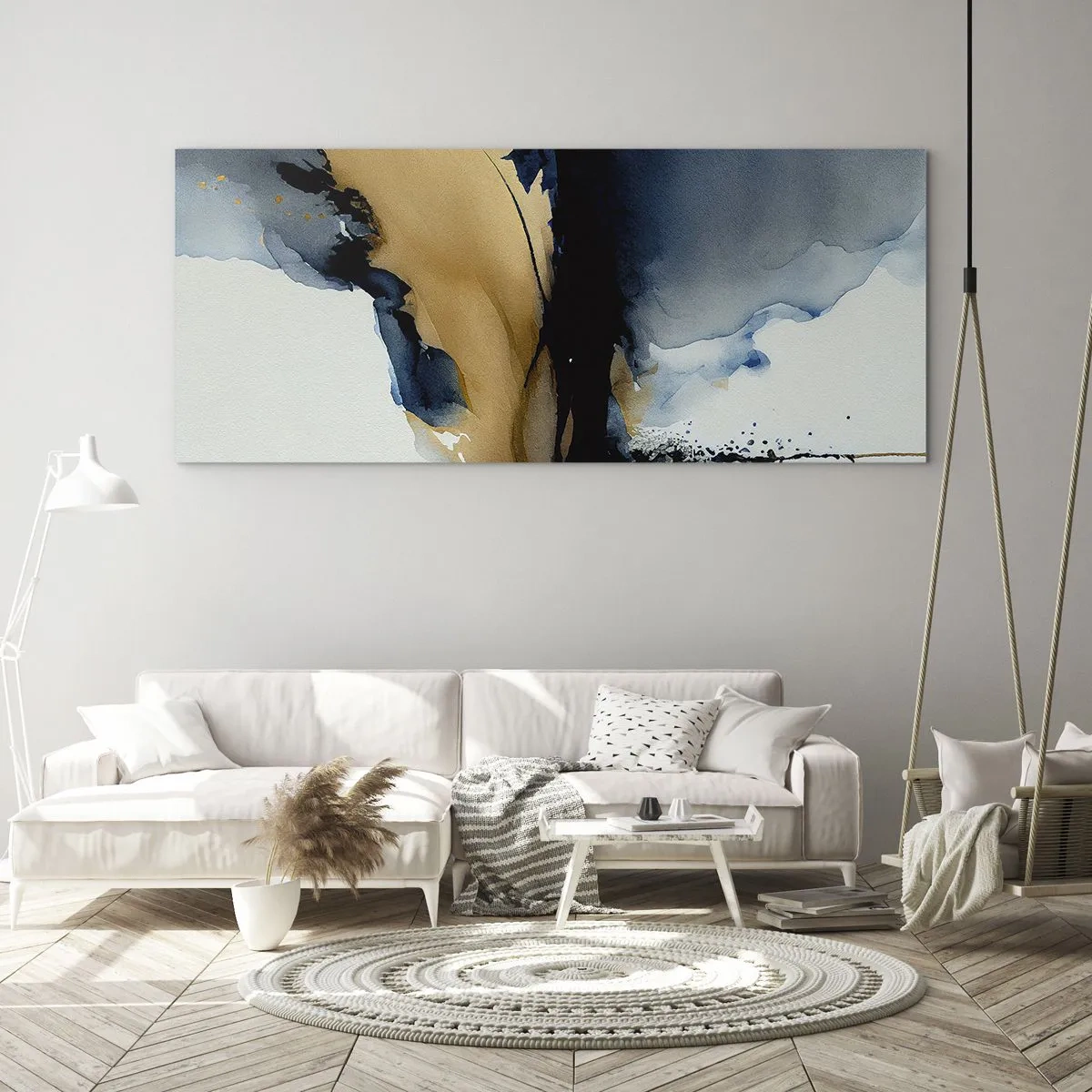 Obraz na szkle - Abstrakcyjna kompozycja w odcieniach granatu i złota - 160x50cm - Za zasłoną - Nowoczesna dekoracja ścienna do salonu i sypialni ARTTOR