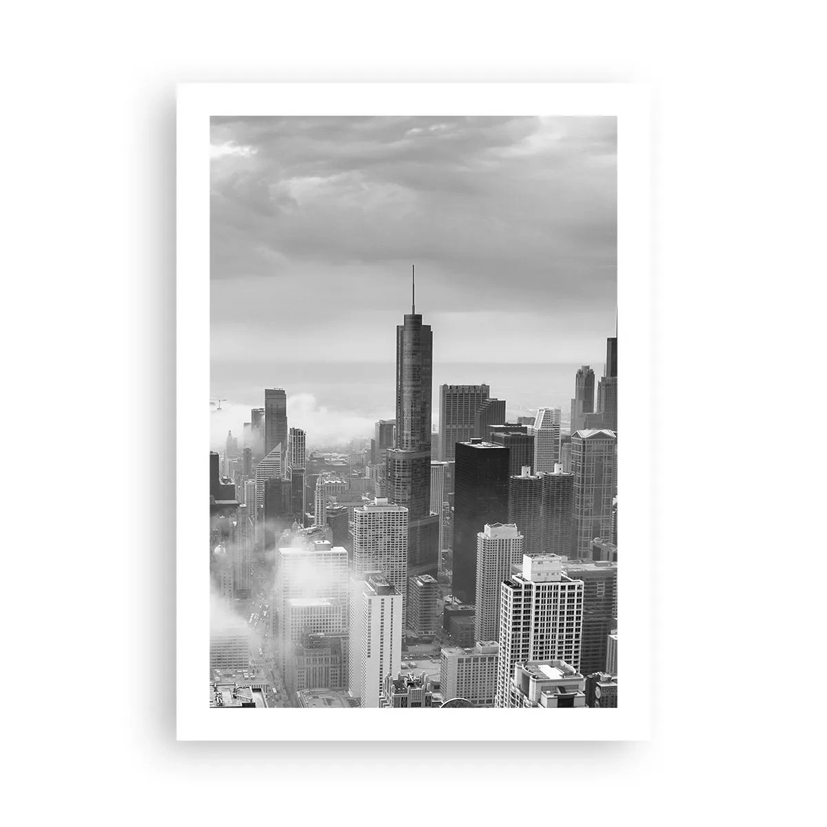 Plakat - Czarno-biały widok na panoramę miasta z wieżowcami w chmurach - 50x70cm - Pejzaż amerykański - Nowoczesna dekoracja ścienna do salonu, kuchni i sypialni ARTTOR