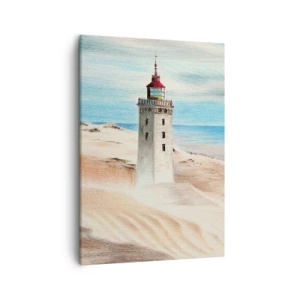 Obraz na płótnie - Latarnia morska na wydmach z widokiem na morze i błękitne niebo - 50x70cm - Zawsze wpatrzona w morze - Nowoczesna dekoracja ścienna do salonu, kuchni i sypialni ARTTOR