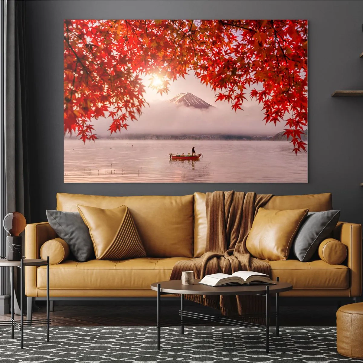 Obraz na szkle - Góra Fuji z łódką na jeziorze otoczonym czerwonymi liśćmi - 70x50cm - W japońskim klimacie - Nowoczesna dekoracja ścienna do salonu i sypialni ARTTOR