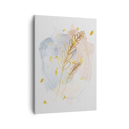 Obraz na płótnie - Delikatne złote liście na tle pastelowych akwarelowych plam. - 50x70cm - Złoty podmuch - Nowoczesna dekoracja ścienna do salonu, kuchni i sypialni ARTTOR
