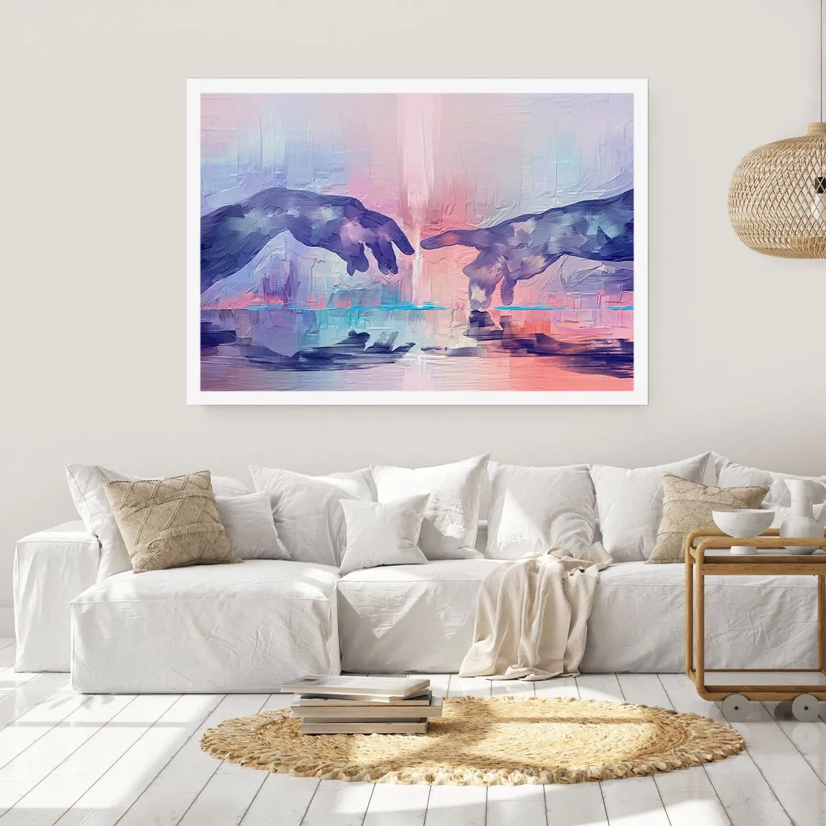 Plakat - Symboliczne dłonie w abstrakcyjnych barwach, odwołujące się do motywu stworzenia - 100x70cm - Boska iskra życia - Nowoczesna dekoracja ścienna do salonu i sypialni ARTTOR