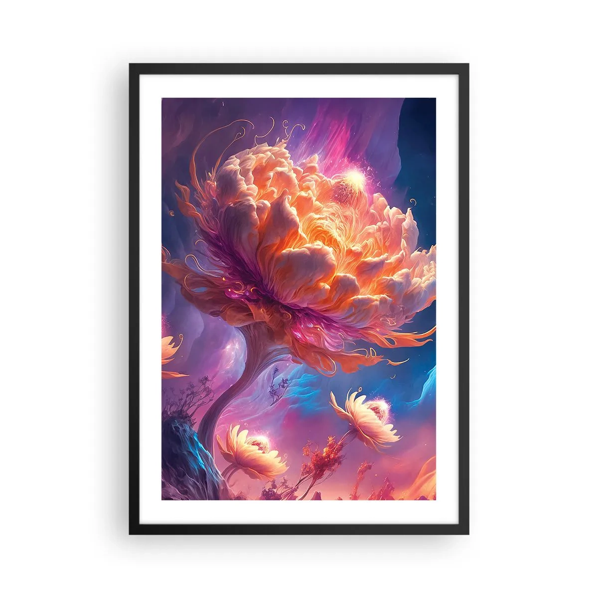 Plakat w czarnej ramie - Fantastyczne drzewo w kształcie rozkwitającego kwiatu - 50x70cm - Inny świat - Nowoczesna dekoracja ścienna do salonu i sypialni ARTTOR