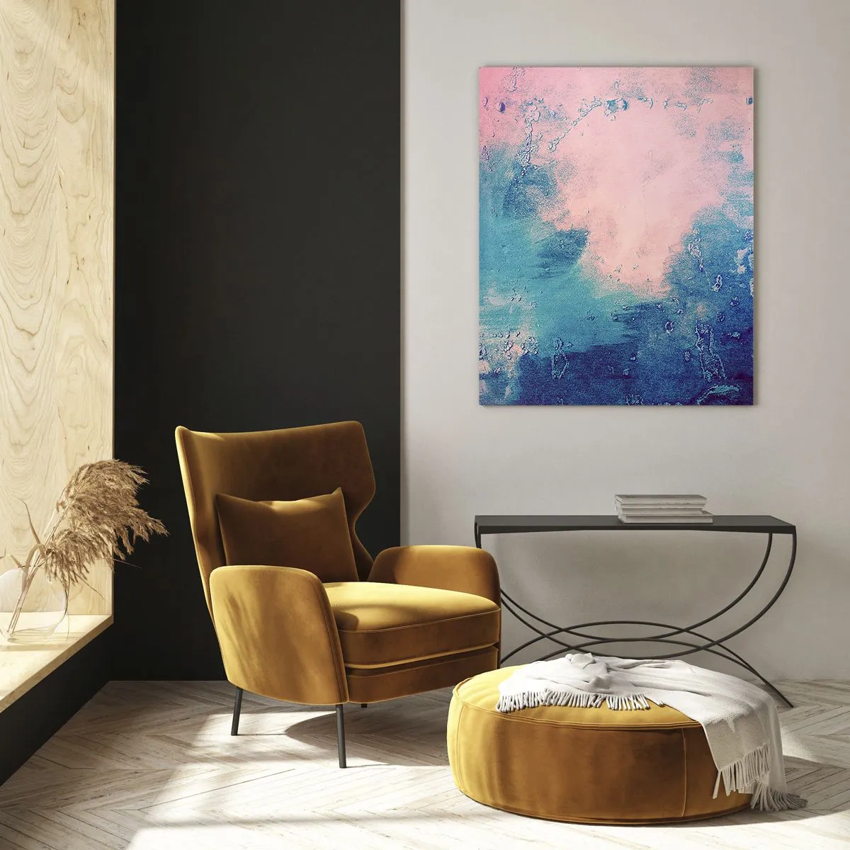 Obraz na szkle - Abstrakcyjna tekstura w odcieniach różu i niebieskiego - 70x100cm - Błękitne objęcia - Nowoczesna dekoracja ścienna do salonu i sypialni ARTTOR