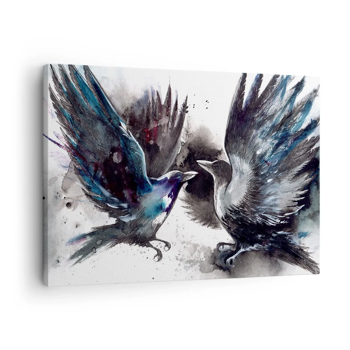 Obraz na płótnie - Artystyczne kruki w dynamicznej kompozycji akwarelowej - 70x50cm - Kruk krukowi… - Nowoczesna dekoracja ścienna do salonu i sypialni ARTTOR
