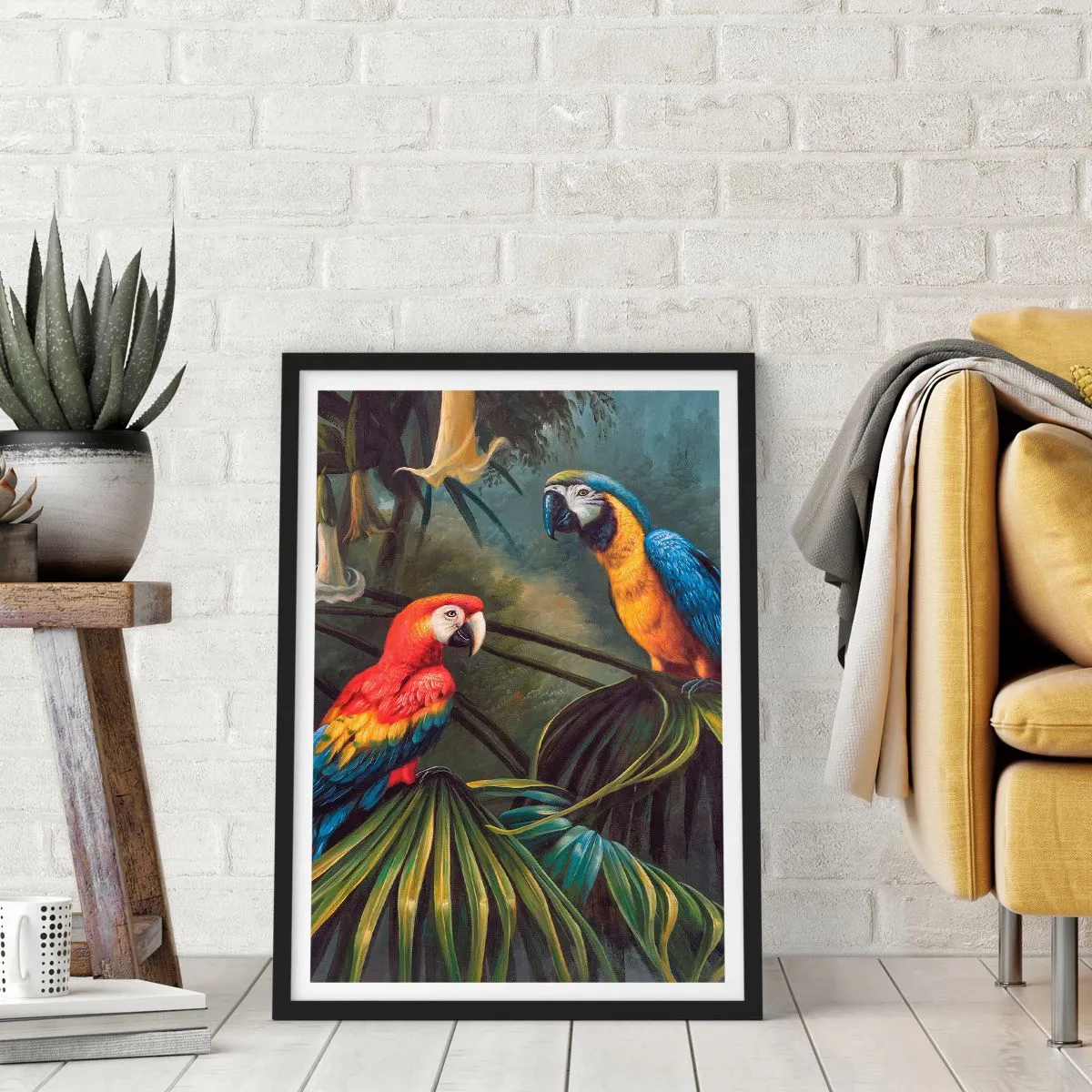 Plakat w czarnej ramie - Tropikalne papugi w otoczeniu bujnej roślinności - 50x70cm - Romantyzm w tropikach - Nowoczesna dekoracja ścienna do salonu i sypialni ARTTOR