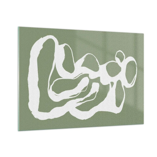 Obraz na szkle - Abstrakcyjna biała forma organiczna na tle oliwkowym - 100x70cm - Wołanie przestrzeni - Nowoczesna dekoracja ścienna do salonu, kuchni i sypialni ARTTOR