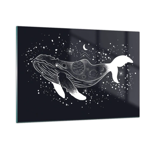 Obraz na szkle - Graficzna biała sylwetka wieloryba unoszącego się w kosmosie - 120x80cm - W oceanie wszechświata - Nowoczesna dekoracja ścienna do salonu, kuchni i sypialni ARTTOR