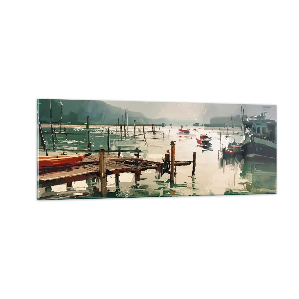 Obraz na szkle - Malowniczy port z łodziami na spokojnej wodzie - 140x50cm - Oblane roztopionym księżycem - Nowoczesna dekoracja ścienna do salonu i sypialni ARTTOR