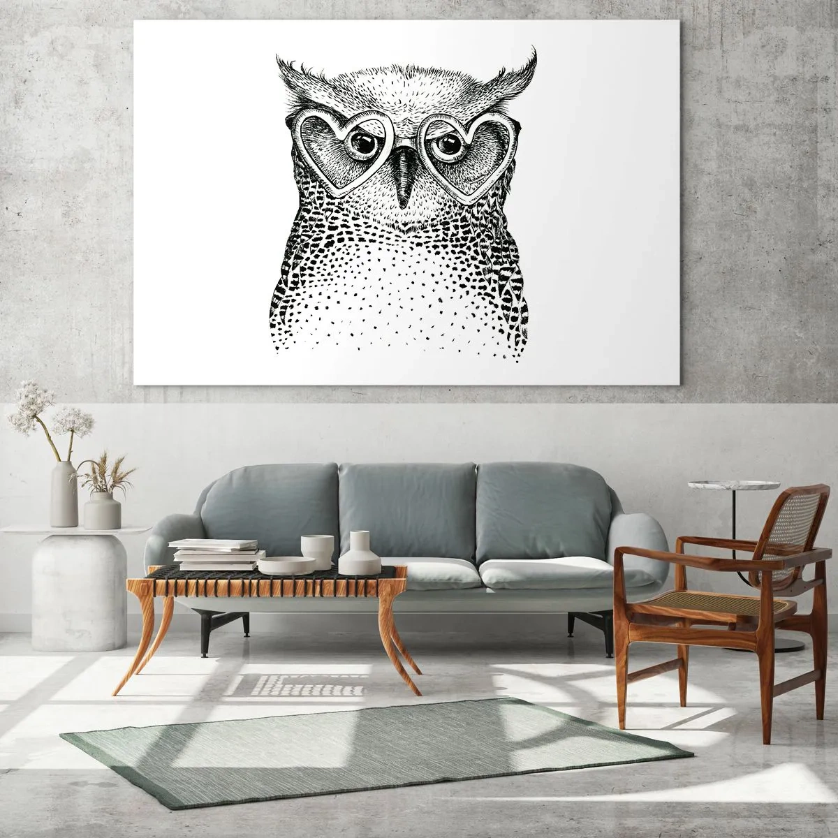 Obraz na szkle - Ilustracja przedstawiająca sowę w okularach w kształcie serca - 70x50cm - Mądrze i z miłością - Nowoczesna dekoracja ścienna do salonu i sypialni ARTTOR