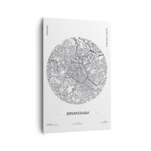 Obraz na płótnie - Minimalistyczna mapa Birmingham w czarno-białej kolorystyce z precyzyjnymi detalami - 80x120cm - Anatomia Birmingham - Nowoczesna dekoracja ścienna do salonu i sypialni ARTTOR