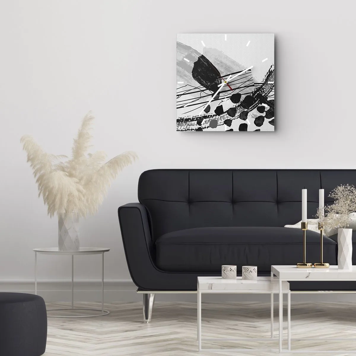 Zegar ścienny - Czarno-biała abstrakcyjna kompozycja z organicznymi kształtami - 30x30cm - Czarno-biała abstrakcja organiczna - Nowoczesna dekoracja ścienna do salonu i sypialni ARTTOR
