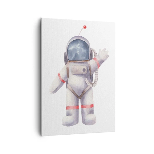 Obraz na płótnie - Akwarelowy astronauta w skafandrze kosmicznym machający ręką - 50x70cm - To na razie! - Nowoczesna dekoracja ścienna do salonu, kuchni i sypialni ARTTOR