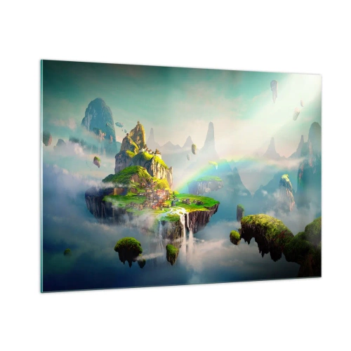 Obraz na szkle - Latające wyspy w chmurach z tęczą i wodospadami - 100x70cm - Śródniebie - wyspy szczęśliwe - Nowoczesna dekoracja ścienna do salonu, kuchni i sypialni ARTTOR