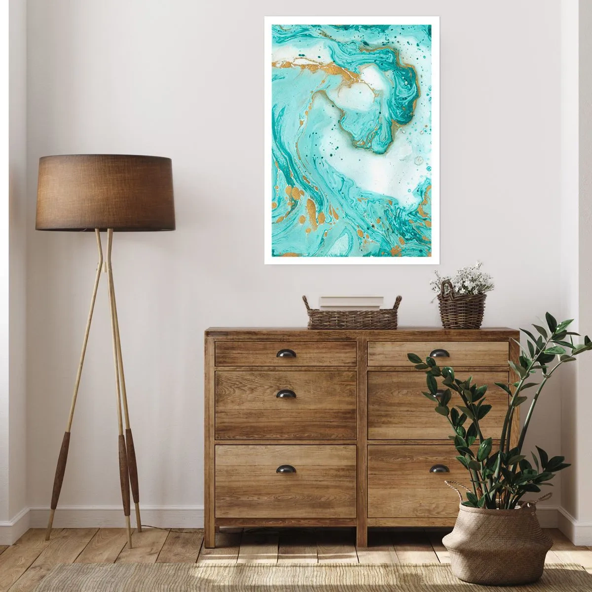 Plakat - Turkusowo-złota abstrakcja w marmurowym stylu - 50x70cm - Pod wielką falą z epoki Edo - Nowoczesna dekoracja ścienna do salonu, kuchni i sypialni ARTTOR