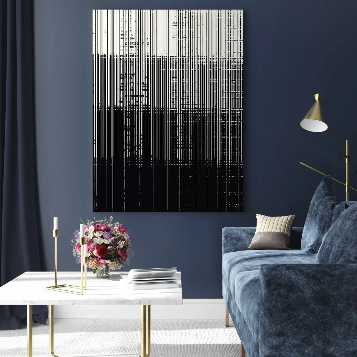 Obraz na szkle - Czarno-biała abstrakcja z pionowymi liniami tworzącymi gradient - 50x70cm - Fale i drgania - Nowoczesna dekoracja ścienna do salonu, kuchni i sypialni ARTTOR