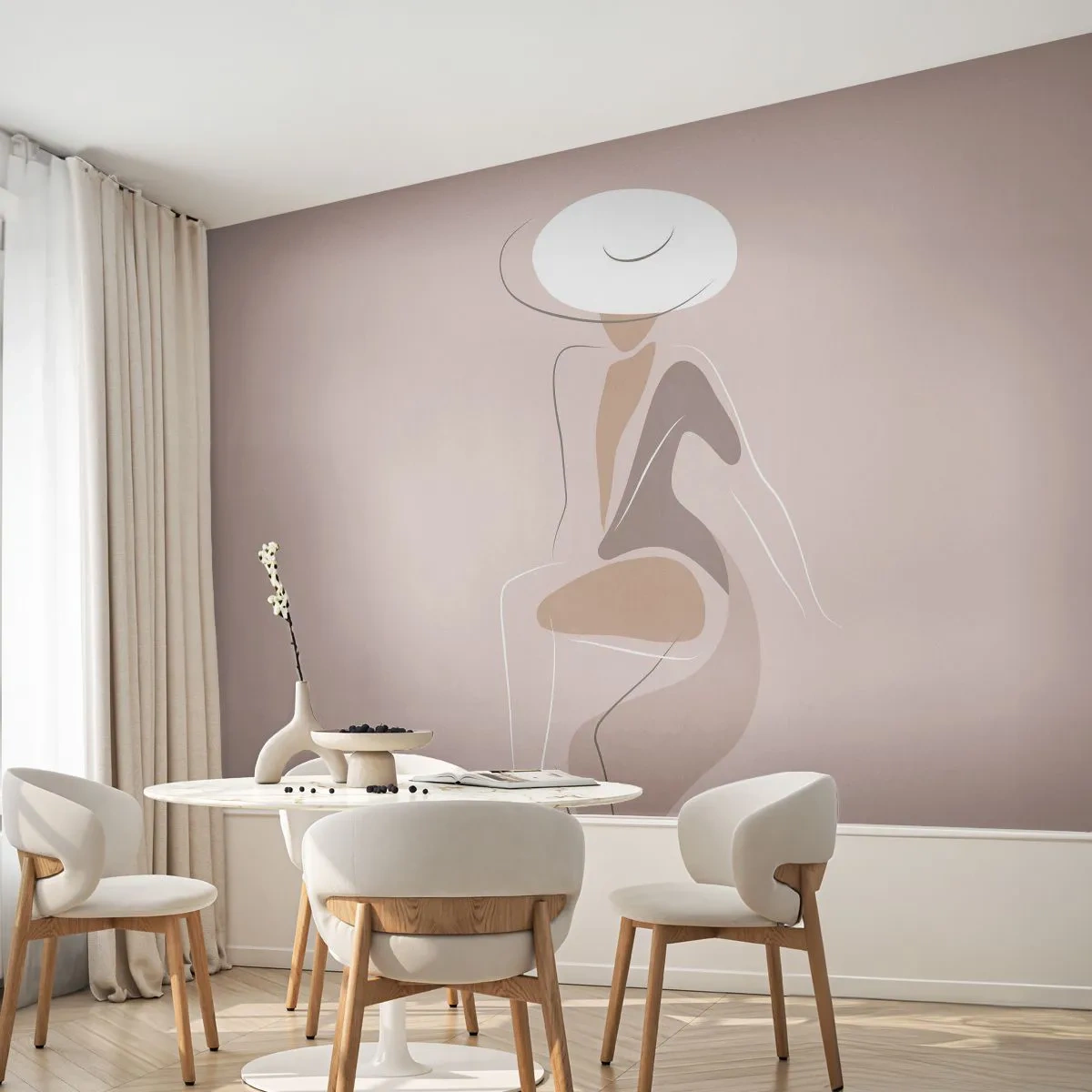 Fototapeta Premium Sand - Kobieta w kapeluszu w minimalistycznym stylu linearnym - 100x70cm - Damą być - Nowoczesna dekoracja ścienna do salonu, kuchni i sypialni ARTTOR