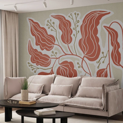 Fototapeta Standard Eco - Koralowe liście i delikatne gałązki na jasnym tle - 100x70cm - Ludowo i koralowo - Nowoczesna dekoracja ścienna do salonu i sypialni ARTTOR